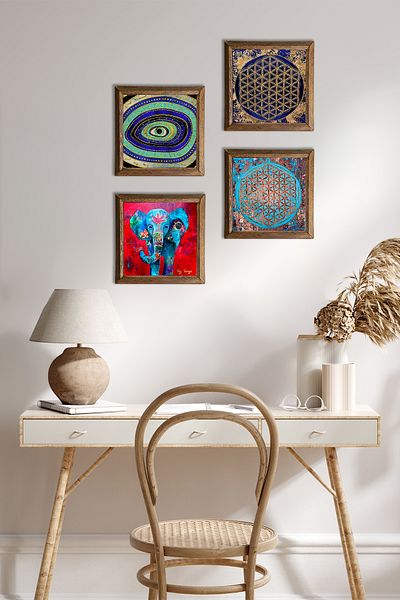 Pinecone Elephant, Evil Eye, Flower of Life Stone Wall Painting with Wooden Frame Wall Decor 4 Piece Painting Set Wall Art