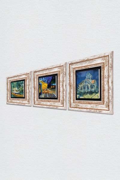 Pinecone Van Gogh Church, Oise Bank, Cafe Terrace Night Stone Wall Painting Framed Wall Decor 3 Piece Painting