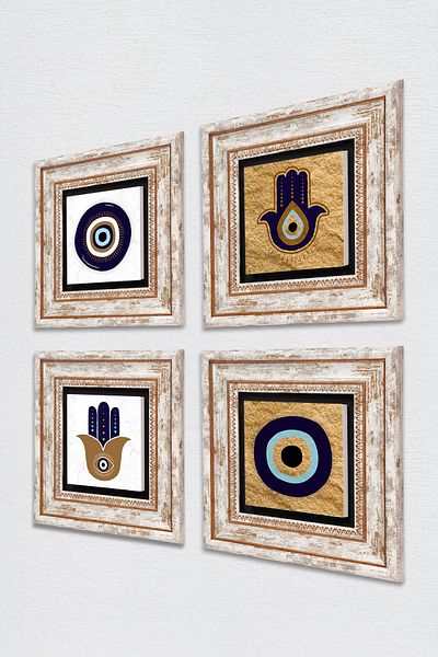 Pinecone Fatma Ana Hand (HAMSA), Pictură pe perete cu piatră Nazar Decor de perete înrămat Set de pictură 4 piese Tk4-1076
