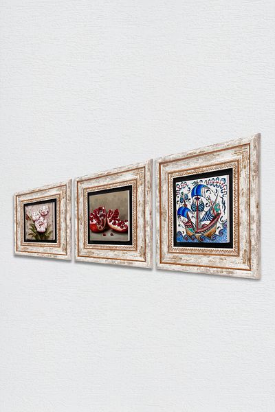 Pinecone Tile Art Sailboat Ship, Butterfly Flower, Pomegranate Stone Wall Painting Framed Wall Decor