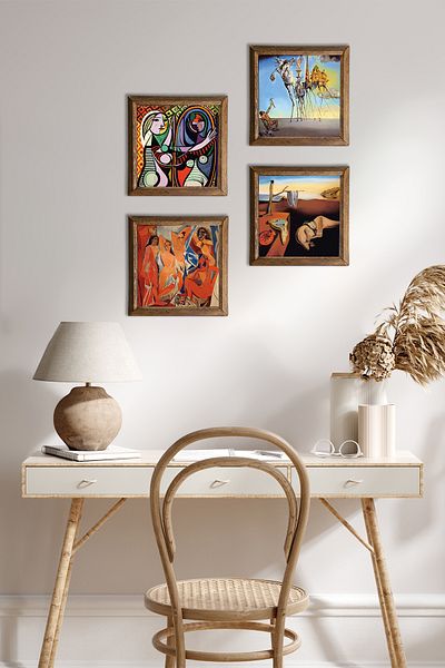 Pinecone Salvador Dali, Picasso Stone Wall Painting with Wood Frame Wall Decor 4 Piece Painting Set W4-694