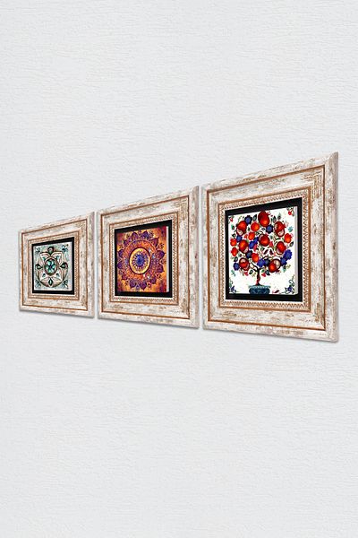Pinecone Mandala, Tile Art, Pomegranate Tree Stone Wall Painting Framed Wall Decor 3 Piece Painting Set Tk3-388