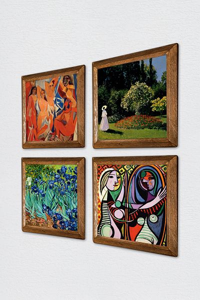 Pinecone Picasso, Monet, Van Gogh Stone Wall Painting with Wood Frame Wall Decor 4 Piece Painting Set W4-946