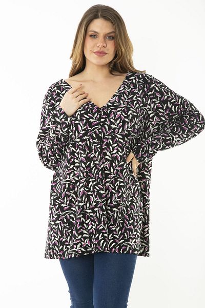Şans Women's Large Size Purple Collar Pleated Capri Sleeve Blouse 65N37148
