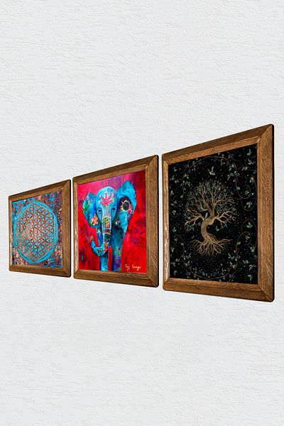 Pinecone Elefant, Floarea Vieții, Arborele Vieții Pictură pe perete din piatră Decor de perete cu rame din lemn Set de picturi din 3 piese W3-157