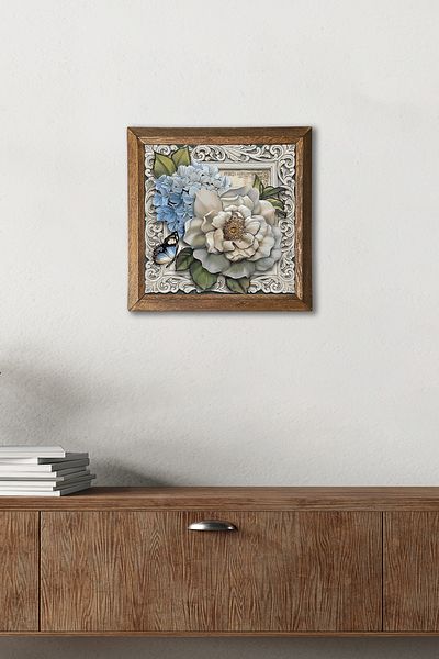 Pinecone Butterfly Flower Stone Wall Painting Wooden Framed Wall Decor Wall Art 25X25Cm W1-13