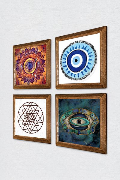 Pinecone Mandala, Evil Eye, Sri Yantra Stone Wall Painting Wooden Framed Wall Decor Set of 4 Painting W4-1005
