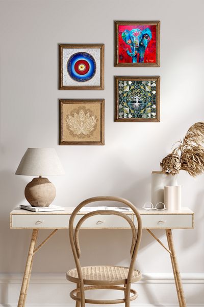 Pinecone Evil Eye, Tree of Life, Elephant, Lotus Flower Stone Wall Painting with Wooden Frame Wall Decor Painting W4-897