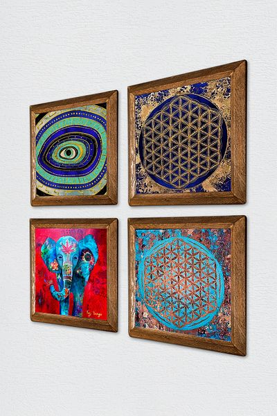 Pinecone Elephant, Evil Eye, Flower of Life Stone Wall Painting with Wooden Frame Wall Decor 4 Piece Painting Set Wall Art
