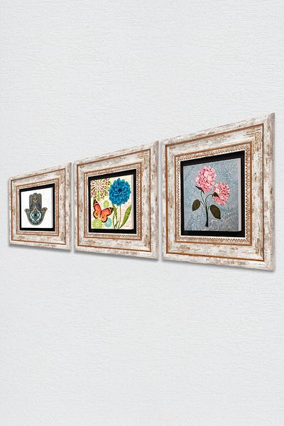 Pinecone Fluture, floare de hortensie roz, mână Fatma (hamsa) pictură pe perete cu piatră, decor de perete înrămat
