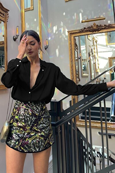 Madmext Siyah Basic Kadın Saten Gömlek Mg1326