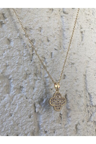 Lizada Takı Kadın 316L Paslanmaz Çelik Gold Zincir Taşlı Yonca Kolye