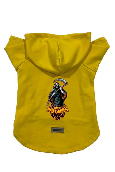 Monopetz Hooded Fleece Sweatshirt Dog and Cat Outfit & Dress - Yellow Happy Halloween Grim Reaper