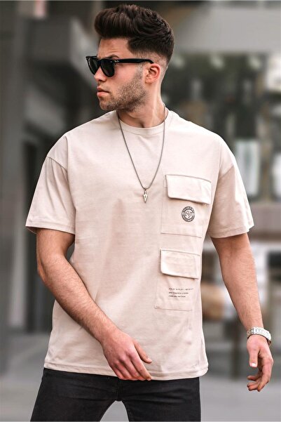 Madmext Μπεζ ανδρικό μπλουζάκι Oversize με λεπτομέρεια τσέπης 5835
