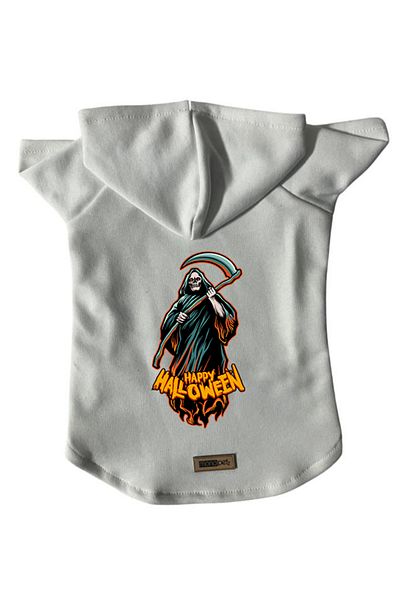 Monopetz Hooded Fleece Sweatshirt Dog and Cat Outfit & Dress - White Happy Halloween Grim Reaper