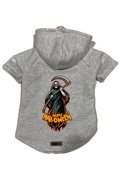 Monopetz Hooded Fleece Sweatshirt Dog and Cat Outfit & Dress - Gray Happy Halloween Grim Reaper