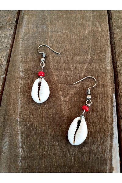 özde dekor Real Seashell, Colorful Beaded Earrings (RED)