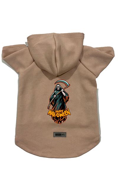 Monopetz Hooded Fleece Sweatshirt Dog and Cat Outfit & Dress - Beige Happy Halloween Grim Reaper