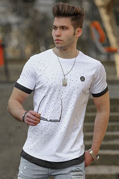 Madmext Λευκό ανδρικό μπλουζάκι με σκισίματα και λεπτομέρειες 4489