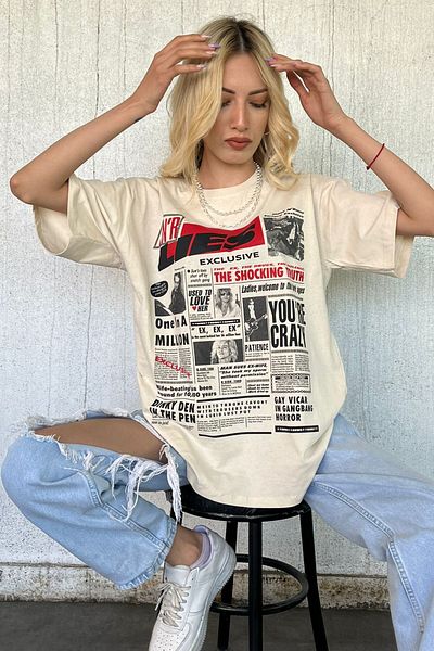 Madmext Beiges, hinten bedrucktes Over-Fit-Damen-T-Shirt Mg1506