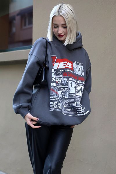 Madmext Anthrazit bedrucktes Oversize-Damen-Sweatshirt mit Kapuze Mg1581