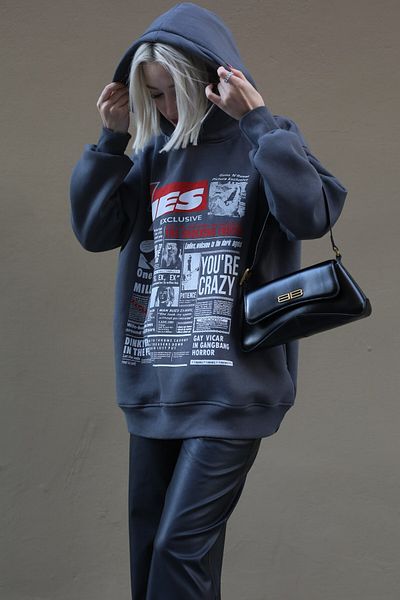 Madmext Anthrazit bedrucktes Oversize-Damen-Sweatshirt mit Kapuze Mg1581