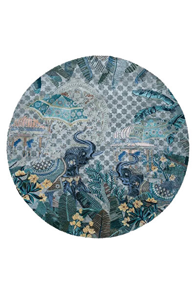 Rugs Modern Halı Mavi Tropikal Fil Figürlü Dokuma Taban Yuvarlak Dekoratif Ha...