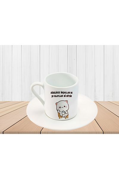 GünayStore TURKISH COFFEE CUP WITH WRITTEN MOCHI CAT PRINTED TURKISH COFFEE CUP