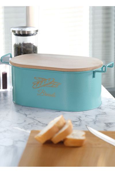 Bayev Metal Bread Storage Box with Turquoise Cutting Board