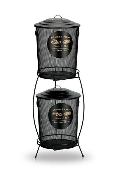 Bayev Fileli 2 Katlı Standlı Siyah Patates Soğan Kovası Sepeti Kabı Kutusu Ek...