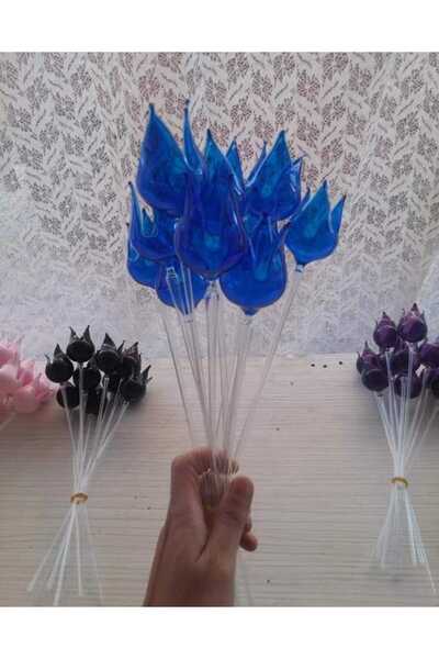 LEYLA CAM SANATLARI CAM ÜFLEME LALE MAVİ RENK 6 ADET (vazo içi aksesuar)