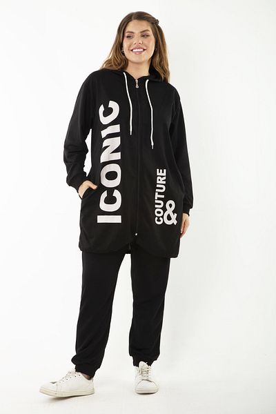 Şans Women's Large Size Black Print and Zipper Detailed Hooded Sweatshirt Trousers Set 65N37128