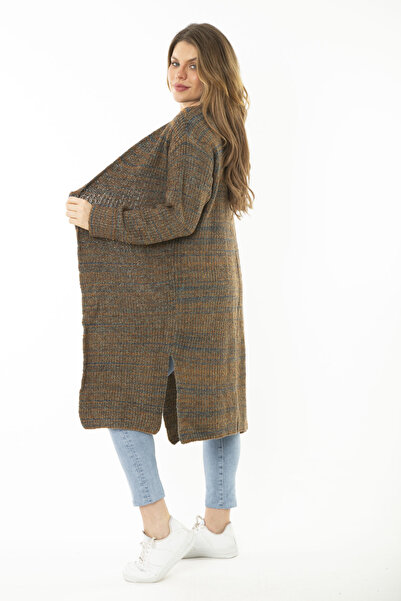 Şans Γυναικεία Πλεκτά Πλεκτά Χακί Μεγάλου Μεγέθους Μακριά Ζακέτα 65N37169