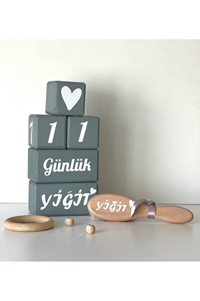 mogokids Anne bebek anı küpü isimli set Türkçe gri beyaz yazılı dekor bebek saç fırçalı set