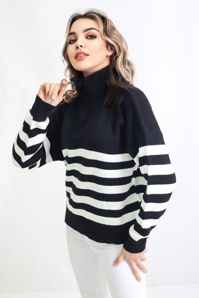 Trend Perisi Zippered Trucker Collar Striped Women's Sweater