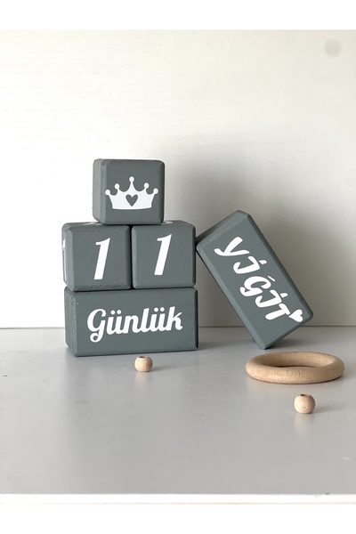 mogokids Anne bebek anı küpü isimli set gri beyaz yazılı türkçe