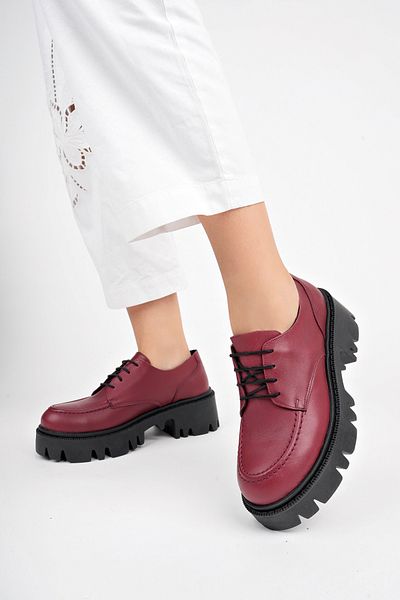 Deripabuc Genuine Leather Claret Red Women's Serrated Platform Sole Loafer Shoes Trc-4003