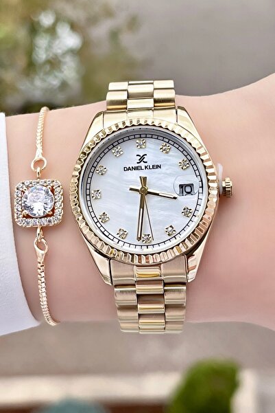 Daniel Klein Brand Gold Color Calendar Wrist Watch + Bracelet