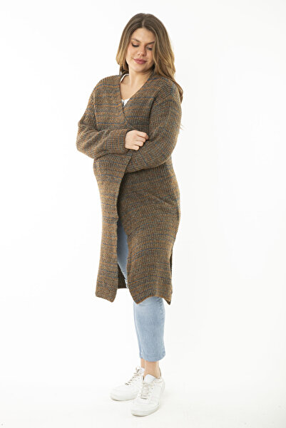 Şans Γυναικεία Πλεκτά Πλεκτά Χακί Μεγάλου Μεγέθους Μακριά Ζακέτα 65N37169