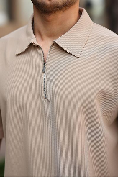Valiberta Ribbed Half Zipper Oversize T-shirt - Beige