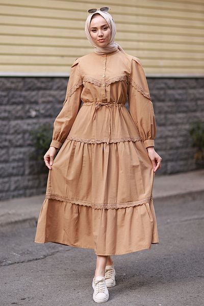 InStyle Guipure Λεπτομέρεια Balloon Sleeve Hijab Dress - Mink
