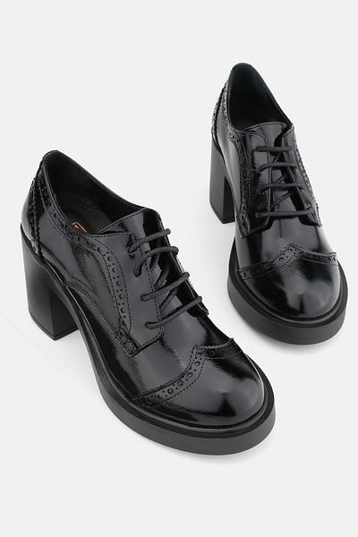 TUNAELLİ PANTOFI OXFORD CU TAC CU PIELE NATURALĂ, NEGRĂ, PENTRU FEMEI