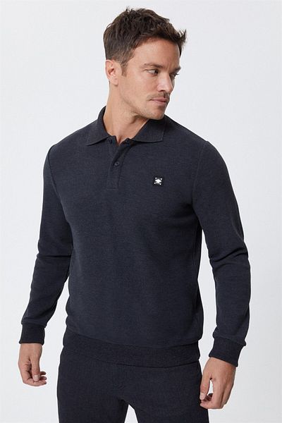 Lee Cooper Men's Polo Neck Sweatshirt - Anthracite/Melange Newblend