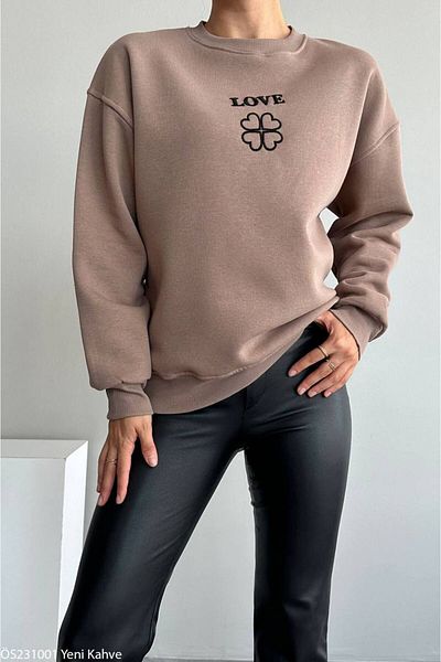 Liora Women's Brown Crew Neck Clover Embroidered Sweatshirt