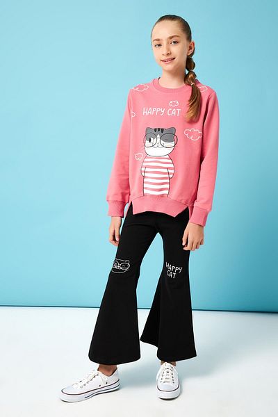 Perendi طقم بناتي بطبعة Happy Cat مع تفاصيل طماق Dried Rose