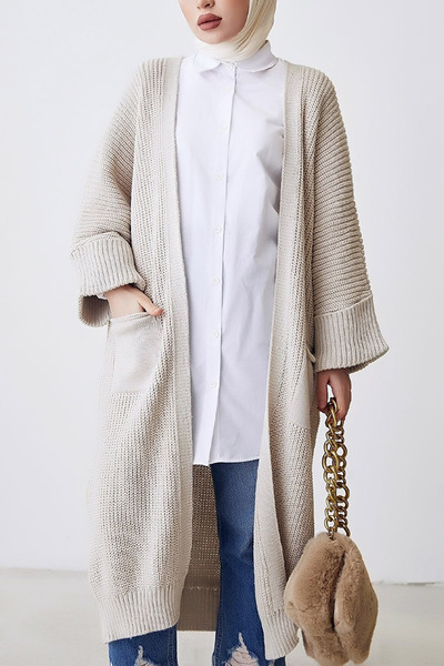 CoolLook Yakasız Katlamalı Duble Geniş Uun Kol Kapamasız Rahat Salaş Tarz İki...