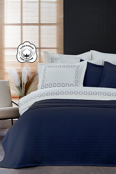 Evlen Home Collection Danilo Embroidered 100% Cotton Pique Bedspread - Dowry Set, Duvet Cover, Cream/Navy (9 Pieces)