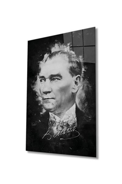 Rosyvien Signed Mustafa Kemal Atatürk Portrait Glass Painting, Black and White, Home Office School Wall Decor, Gift