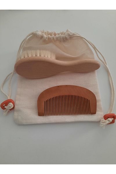 Modashop Goat Hair Natural Baby Hair Brush and Natural Wooden Oval Comb Set of 2