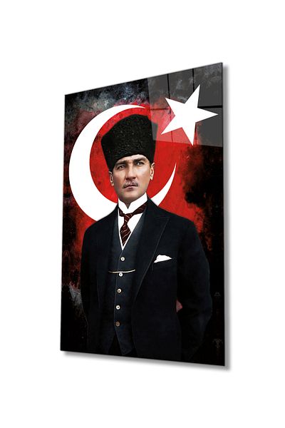Rosyvien Turkish Flag and Mustafa Kemal Atatürk Portrait Glass Painting, Home Office School Wall Decoration, Gift